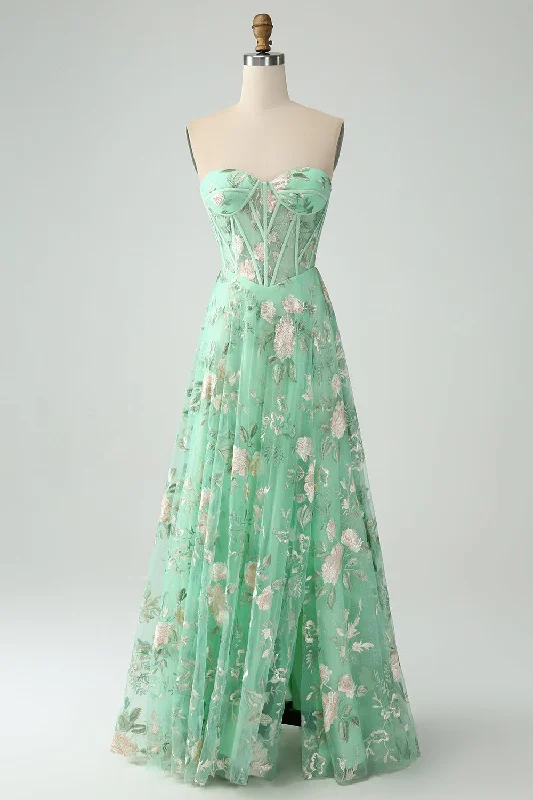 "Plus size wedding dresses for women with a perfect fit"Green A Line Sweetheart Printed Corset Prom Dress with Slit "Plus size wedding dresses for women with a perfect fit"Green A Line Sweetheart Printed Corset Prom Dress with Slit