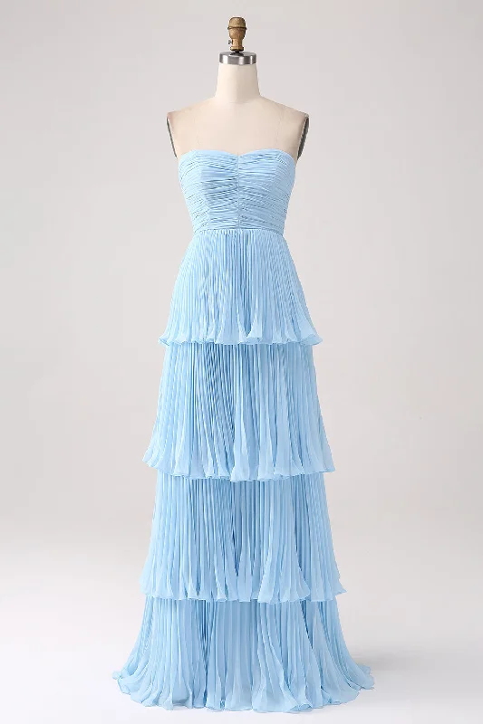 "Midi dresses for women with unique patterns"Strapless Sky Blue Sweetheart Long Bridesmaid Dress with Pleated "Midi dresses for women with unique patterns"Strapless Sky Blue Sweetheart Long Bridesmaid Dress with Pleated