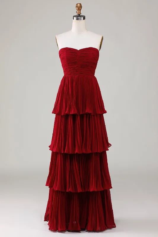 "Sleeveless dresses for women during hot summer days"Strapless Tiered Burgundy Long Bridesmaid Dress "Sleeveless dresses for women during hot summer days"Strapless Tiered Burgundy Long Bridesmaid Dress