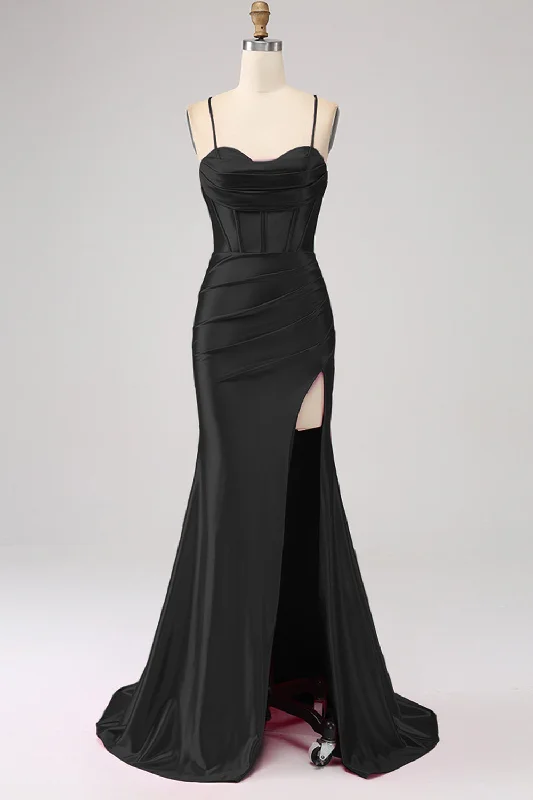 "Buy One, Get One 50% Off on Women's Dresses - Don't Miss Out!"Stunning Black Mermaid Spaghetti Straps Corset Prom Dress with Split Front "Buy One, Get One 50% Off on Women's Dresses - Don't Miss Out!"Stunning Black Mermaid Spaghetti Straps Corset Prom Dress with Split Front