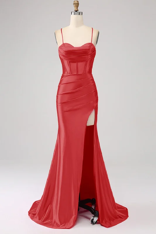 "Denim dresses for women for a casual and cool style"Stunning Red Mermaid Spaghetti Straps Corset Prom Dress with Split Front "Denim dresses for women for a casual and cool style"Stunning Red Mermaid Spaghetti Straps Corset Prom Dress with Split Front
