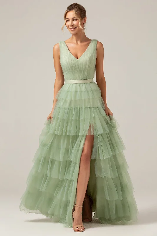 "White dresses for women for a fresh and clean look"Green Tiered A Line V-Neck Tulle Long Prom Dress with Slit "White dresses for women for a fresh and clean look"Green Tiered A Line V-Neck Tulle Long Prom Dress with Slit