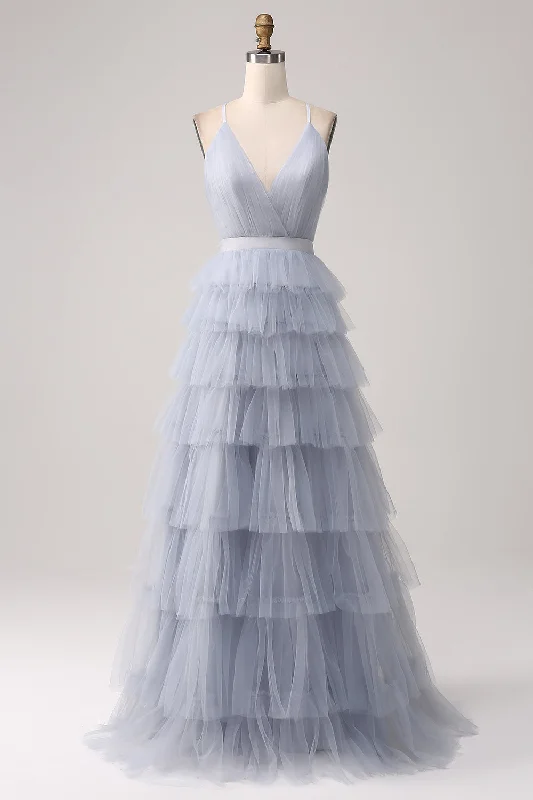 "Bohemian - style women's dresses for music festivals"Grey Blue A Line Tiered Tulle Backless Long Prom Dress "Bohemian - style women's dresses for music festivals"Grey Blue A Line Tiered Tulle Backless Long Prom Dress