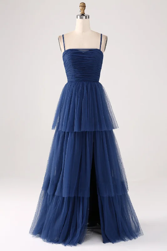 "Mother of the groom dresses for women in sophisticated designs"A Line Spaghetti Straps Tiered Tulle Pleated Prom Dress with Slit "Mother of the groom dresses for women in sophisticated designs"A Line Spaghetti Straps Tiered Tulle Pleated Prom Dress with Slit