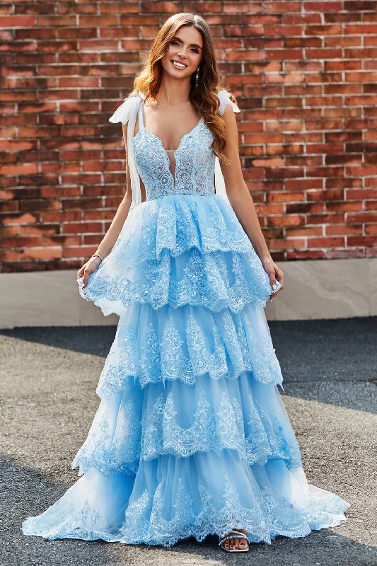 Clearance Sale: Women's Dresses Tiered Tulle Sweetheart Bow Tie Straps Blue Sequin Prom Dress with Appliques Clearance Sale: Women's Dresses Tiered Tulle Sweetheart Bow Tie Straps Blue Sequin Prom Dress with Appliques
