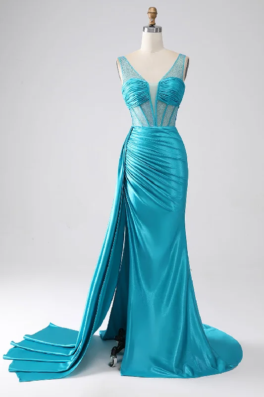 "Beach wedding dresses for women for a laid - back ceremony"Turquoise Mermaid V-Neck Sweep Train Pleated Corset Beaded Prom Dress "Beach wedding dresses for women for a laid - back ceremony"Turquoise Mermaid V-Neck Sweep Train Pleated Corset Beaded Prom Dress