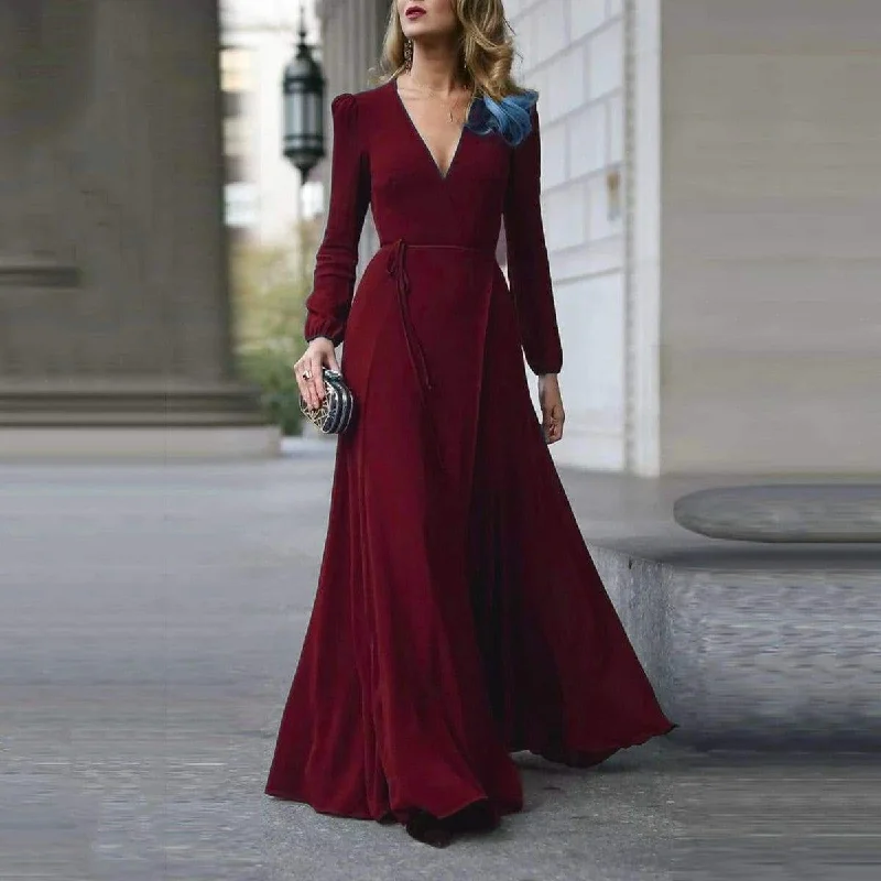 Soft Knit Maxi Dresses for Cozy EveningsFashionSierra - Women Lady V Neck Long Sleeve Maxi Dress