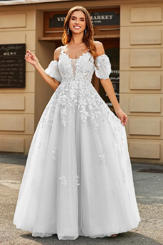 "Bundle and Save: Buy Multiple Women's Dresses and Get a Discount"White A-Line Puff Sleeves Long Bridal Dress with Appliques "Bundle and Save: Buy Multiple Women's Dresses and Get a Discount"White A-Line Puff Sleeves Long Bridal Dress with Appliques
