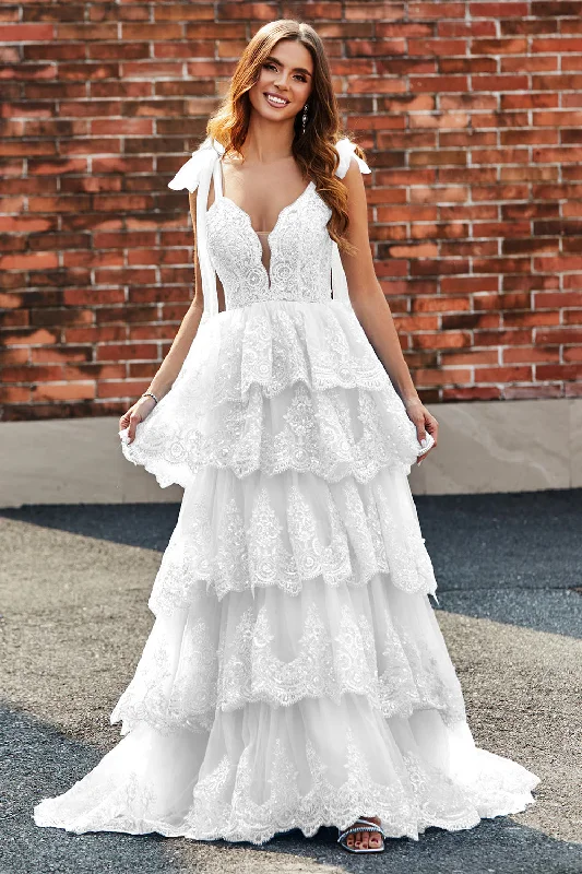 "Satin dresses for women for a luxurious appearance"White A-Line Tiered Lace Long Wedding Dress "Satin dresses for women for a luxurious appearance"White A-Line Tiered Lace Long Wedding Dress