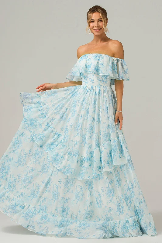 "Long sleeve dresses for women in cold weather"White Blue Floral Off The Shoulder Boho Long Bridesmaid Dress with Ruffles