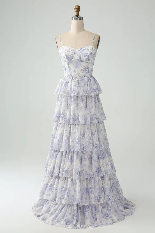 "Elegant wedding guest dresses for women under $100"White Blue Flower A Line Spaghetti Straps Tiered Bridesmaid Dress With Ruffles "Elegant wedding guest dresses for women under $100"White Blue Flower A Line Spaghetti Straps Tiered Bridesmaid Dress With Ruffles