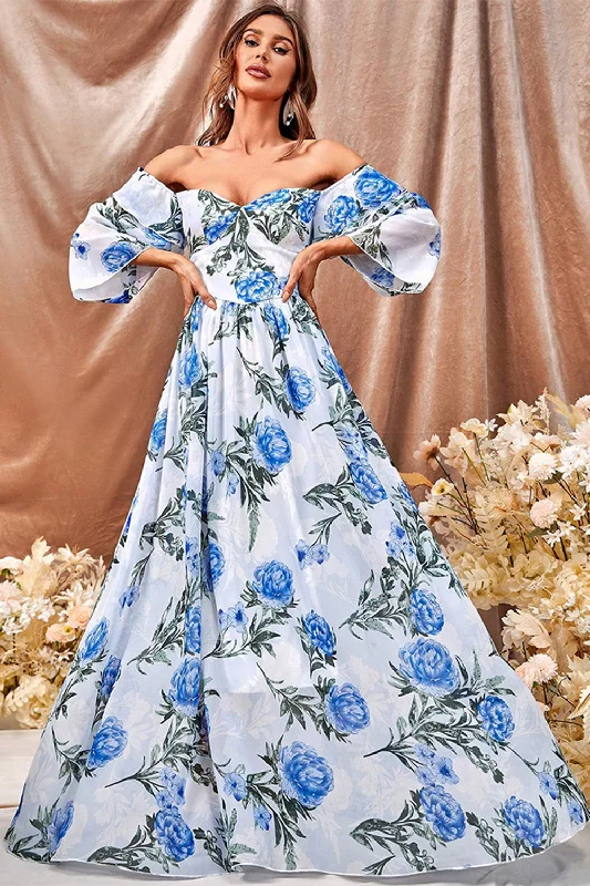 "New Arrivals Discount: 20% Off on Latest Women's Dress Collections"White Blue Flower A Line Long Prom Dress with Ruffled Sleeves "New Arrivals Discount: 20% Off on Latest Women's Dress Collections"White Blue Flower A Line Long Prom Dress with Ruffled Sleeves