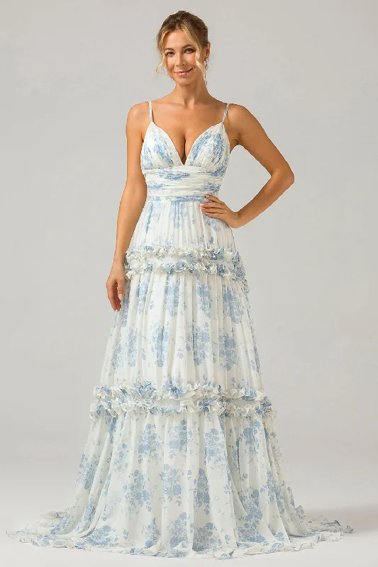 "Floral print dresses for women for a feminine look"White Blue Flower A Line Long Tulle Bridesmaid Dress with Ruffles "Floral print dresses for women for a feminine look"White Blue Flower A Line Long Tulle Bridesmaid Dress with Ruffles