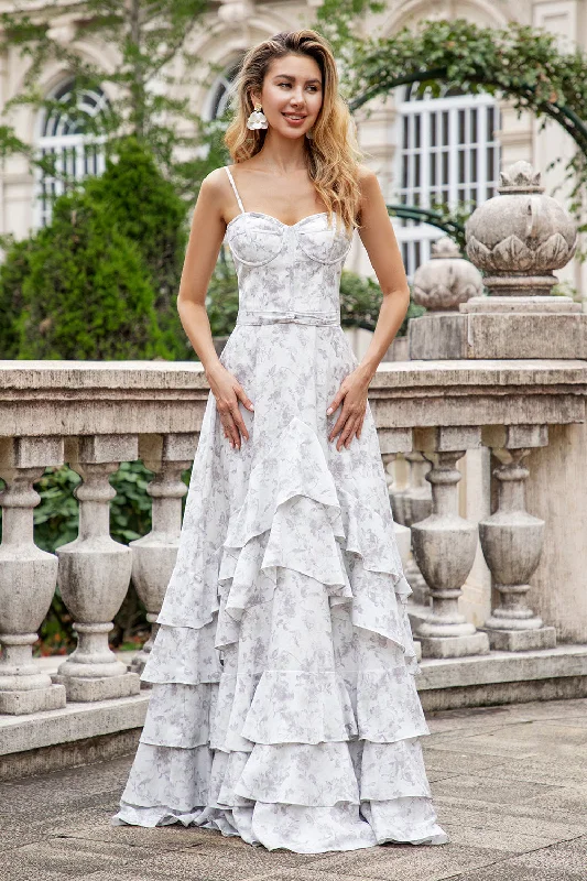 "Beaded dresses for women for a glamorous look"White Brown Flower A Line Spaghetti Straps Bridesmaid Dress With Ruffles "Beaded dresses for women for a glamorous look"White Brown Flower A Line Spaghetti Straps Bridesmaid Dress With Ruffles