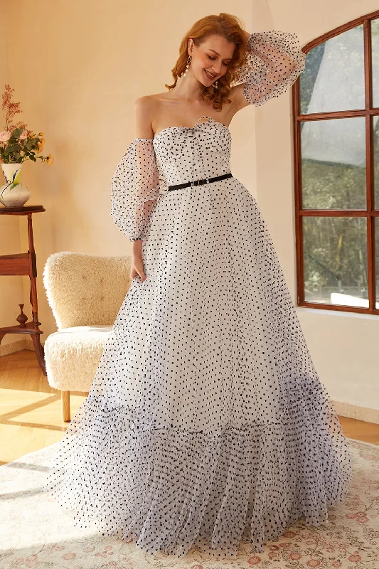 "Ruffled dresses for women for added femininity"White Polka Dots Long Prom Dress with Sleeves "Ruffled dresses for women for added femininity"White Polka Dots Long Prom Dress with Sleeves