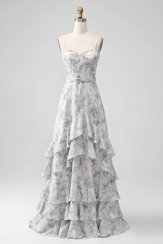 "Affordable plus size women's summer dresses"White Brown Flower Spaghetti Straps A Line Bridesmaid Dress With Ruffles "Affordable plus size women's summer dresses"White Brown Flower Spaghetti Straps A Line Bridesmaid Dress With Ruffles