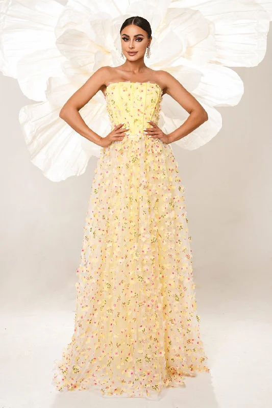 "Bundle and Save: Buy Multiple Women's Dresses and Get a Discount"Yellow Floral Strapless Corset Long Prom Dress "Bundle and Save: Buy Multiple Women's Dresses and Get a Discount"Yellow Floral Strapless Corset Long Prom Dress