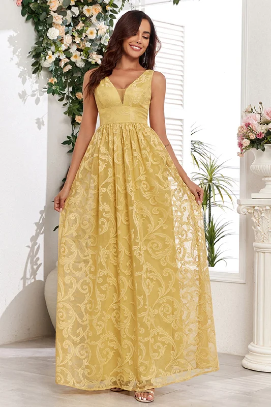 "Designer - inspired women's evening dresses"Yellow V-Neck Long Prom Dress With Appliques "Designer - inspired women's evening dresses"Yellow V-Neck Long Prom Dress With Appliques