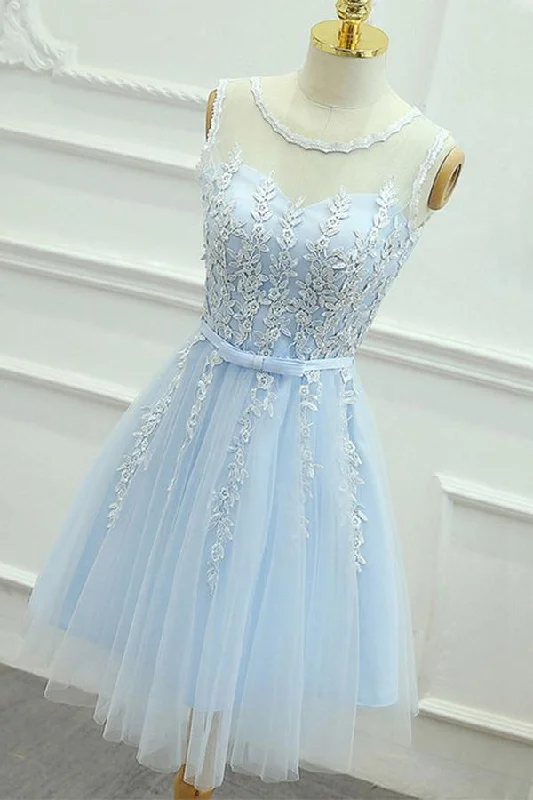 Strapless Party Dresses with Tassel Accents for Ladies' Fun and Flirty LookA-Line Jewel Short Blue Tulle Homecoming Dress with Sash Appliques PG121