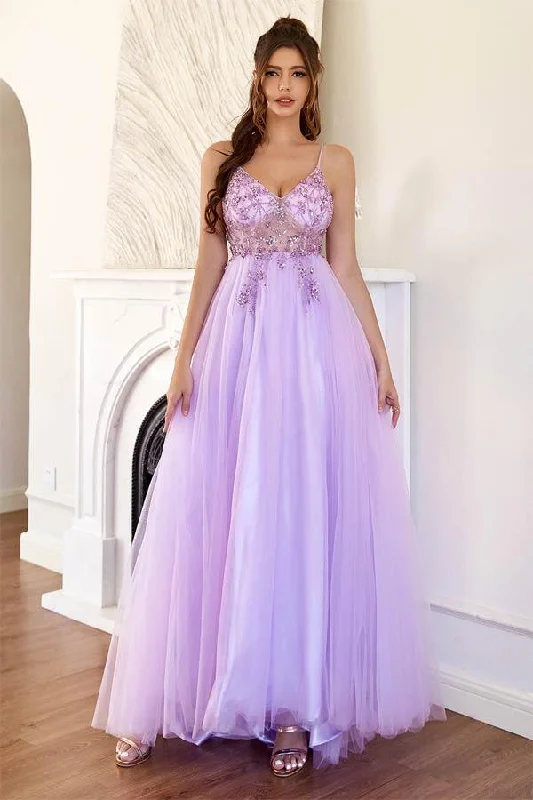 Party Dresses with Beaded Floral Wreath on the Bodice and Tulle Skirt for Ladies' Delicate and Festive LookA-Line Lilac Tulle Split Long Prom Formal Dress With Beading PSK324 Party Dresses with Beaded Floral Wreath on the Bodice and Tulle Skirt for Ladies' Delicate and Festive LookA-Line Lilac Tulle Split Long Prom Formal Dress With Beading PSK324