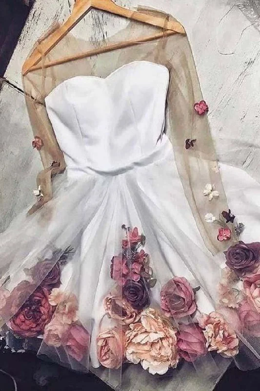 Backless Party Dresses with Rhinestone Embellishments for Ladies' Sexy LookA Line Long Sleeves Short White Floral Prom Dresses Homecoming Dresses PD346 Backless Party Dresses with Rhinestone Embellishments for Ladies' Sexy LookA Line Long Sleeves Short White Floral Prom Dresses Homecoming Dresses PD346