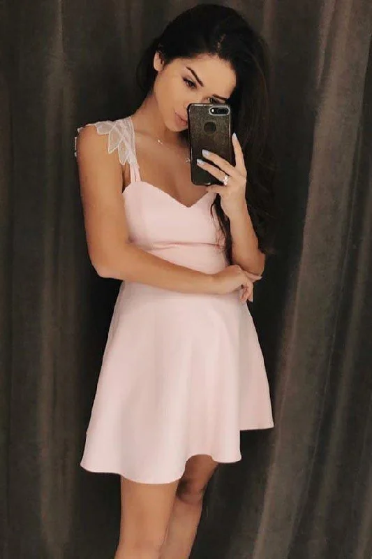 Party Dresses with Metallic Sequined Bodice and Chiffon Skirt and Ruffled Hem for Ladies' Glamorous and Flirty LookA-Line Spaghetti Straps Short Pink Satin Homecoming Dress with Lace PD018 Party Dresses with Metallic Sequined Bodice and Chiffon Skirt and Ruffled Hem for Ladies' Glamorous and Flirty LookA-Line Spaghetti Straps Short Pink Satin Homecoming Dress with Lace PD018