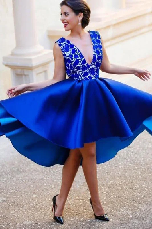 Chiffon Party Dresses with Embroidered Cuffs for Ladies' Elegant TouchA-Line V-Neck Backless Short Royal Blue Satin Homecoming Dress with Lace PG158 Chiffon Party Dresses with Embroidered Cuffs for Ladies' Elegant TouchA-Line V-Neck Backless Short Royal Blue Satin Homecoming Dress with Lace PG158