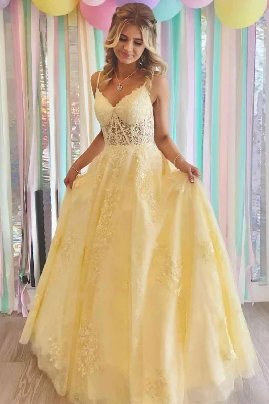 Party Dresses with Lace Insertions on the Skirt and Beaded Waistband for Ladies' Feminine and Glamorous LookA-line Yellow V-Neck Appliques  Long Prom Dress Formal Dress  PSK318