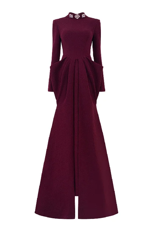 Party Dresses with Metallic Studs and Leather Trim for Ladies' Edgy and Rocker LookAlina Pegged Draped Velvet Floor Length Dress Party Dresses with Metallic Studs and Leather Trim for Ladies' Edgy and Rocker LookAlina Pegged Draped Velvet Floor Length Dress