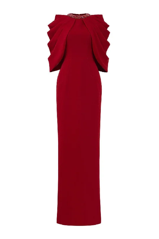 Long Party Dresses with Train for Ladies' Red Carpet EventsAniyah Sheath Cape Shoulder Crepe Floor Length Dress Long Party Dresses with Train for Ladies' Red Carpet EventsAniyah Sheath Cape Shoulder Crepe Floor Length Dress