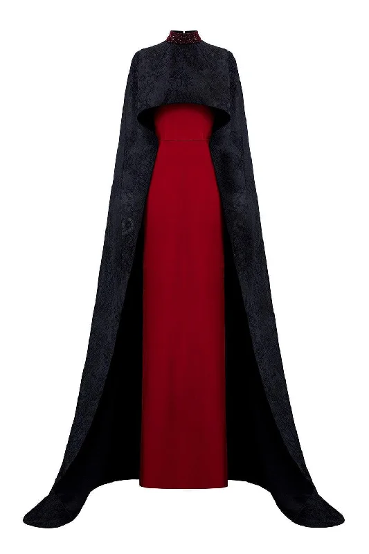 Party Dresses with Sheer Panels and Beaded Trim and Embroidered Paisley Patterns for Ladies' Sultry and Exotic LookAntonella Sheath Cape Sleeved Silk Floor Length Dress Party Dresses with Sheer Panels and Beaded Trim and Embroidered Paisley Patterns for Ladies' Sultry and Exotic LookAntonella Sheath Cape Sleeved Silk Floor Length Dress