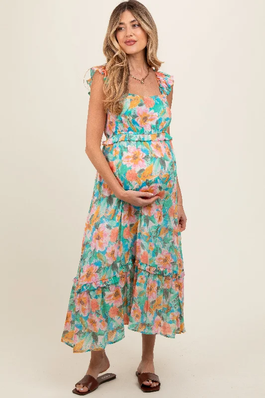 Midi dress for a gym session if it has sufficient stretchAqua Watercolor Floral Ruffle Accent Maternity Midi Dress Midi dress for a gym session if it has sufficient stretchAqua Watercolor Floral Ruffle Accent Maternity Midi Dress