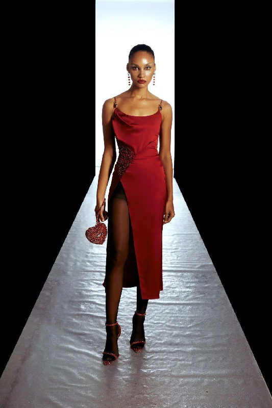 Off - the - shoulder midi dress for a flirty and romantic lookAriel Slit Spaghetti Strap Silk Midi Dress Off - the - shoulder midi dress for a flirty and romantic lookAriel Slit Spaghetti Strap Silk Midi Dress
