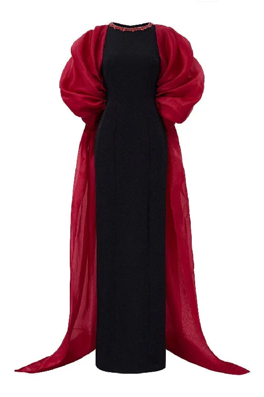 Party Dresses with Sheer Panels and Beaded Trim and Bow at the Back for Ladies' Sexy and Polished LookAstrid Sheath Puffy Sleeved Scuba Floor Length Dress Party Dresses with Sheer Panels and Beaded Trim and Bow at the Back for Ladies' Sexy and Polished LookAstrid Sheath Puffy Sleeved Scuba Floor Length Dress