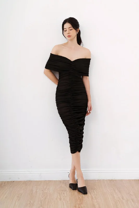 Celebrity - endorsed midi dress popularized by famous personalitiesAthena Bodycon Off-Shoulder Silk Wool Midi Dress