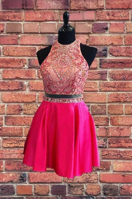 Party Dresses with Satin and Lace Trimmed Neckline and Ruffled Sleeves and Embroidered Skirt for Ladies' Sophisticated and Intricate LookBeaded Two Piece Short Prom Dress Hot Pink Homecoming Dress PD337 Party Dresses with Satin and Lace Trimmed Neckline and Ruffled Sleeves and Embroidered Skirt for Ladies' Sophisticated and Intricate LookBeaded Two Piece Short Prom Dress Hot Pink Homecoming Dress PD337