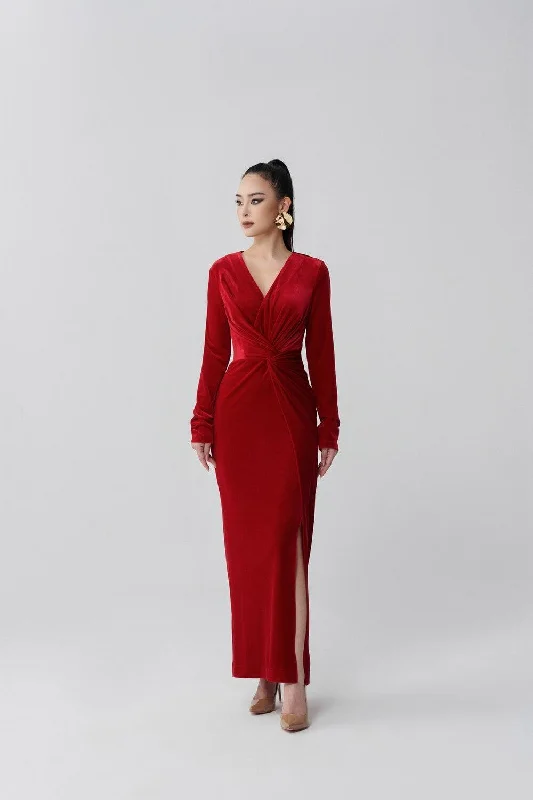 Elastic - waist midi dress for maximum comfort and flexibilityBecky Slit V-Neck Velvet Midi Dress Elastic - waist midi dress for maximum comfort and flexibilityBecky Slit V-Neck Velvet Midi Dress