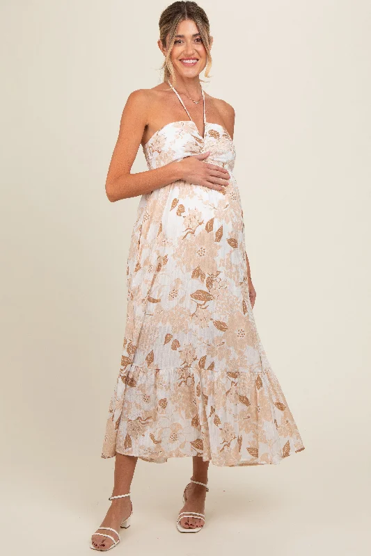 Off - the - shoulder midi dress for a flirty and romantic lookBeige Floral Ruched Front Halter Maternity Midi Dress Off - the - shoulder midi dress for a flirty and romantic lookBeige Floral Ruched Front Halter Maternity Midi Dress