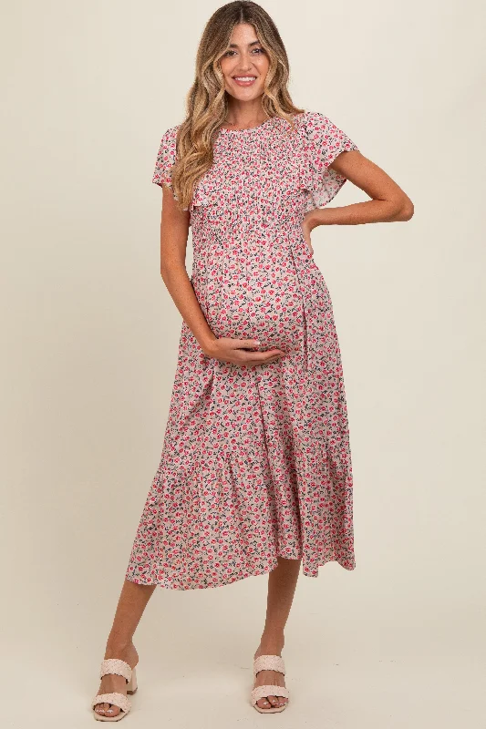 Bow - decorated midi dress for a feminine and charming lookBeige Floral Smocked Maternity Midi Dress Bow - decorated midi dress for a feminine and charming lookBeige Floral Smocked Maternity Midi Dress