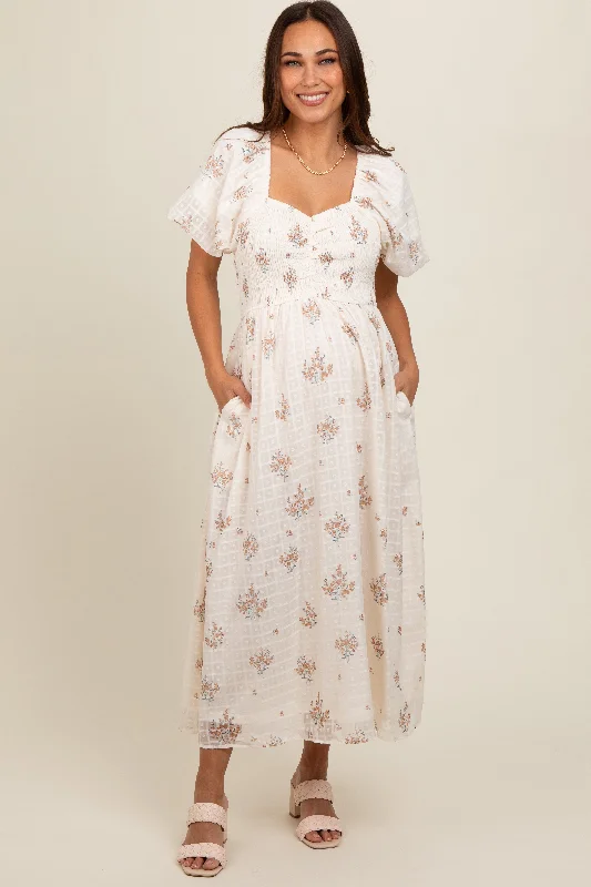 Midi dress for casual outings like hanging out with friendsBeige Floral Textured Dot Smocked Sweetheart Neck Maternity Midi Dress Midi dress for casual outings like hanging out with friendsBeige Floral Textured Dot Smocked Sweetheart Neck Maternity Midi Dress