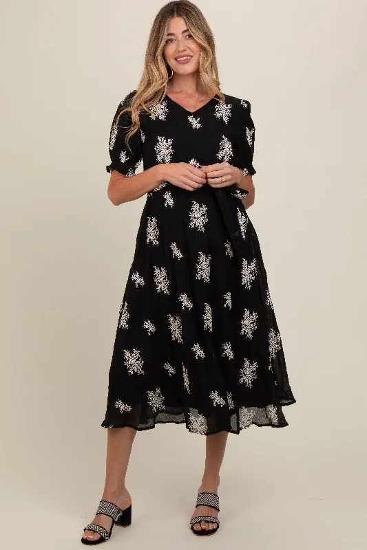 Midi dress for a church service in a more relaxed and modern churchBlack Embroidered Sash Tie Maternity Midi Dress Midi dress for a church service in a more relaxed and modern churchBlack Embroidered Sash Tie Maternity Midi Dress