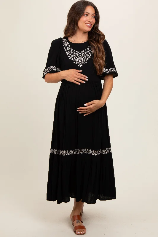 Wrap - around midi dress for a flattering and adjustable fitBlack Embroidered V-Back Ruffle Maternity Midi Dress Wrap - around midi dress for a flattering and adjustable fitBlack Embroidered V-Back Ruffle Maternity Midi Dress