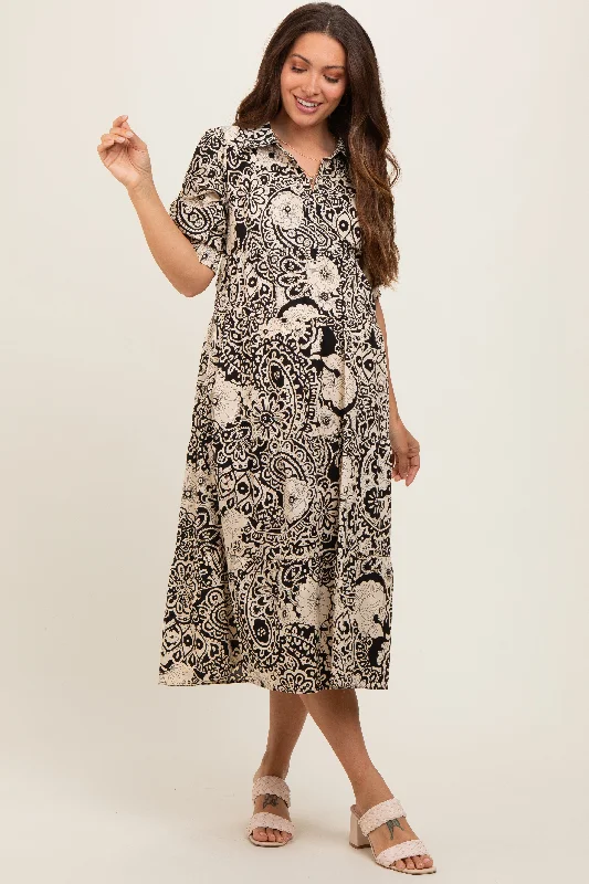 Bow - decorated midi dress for a feminine and charming lookBlack Floral Collared Tiered Maternity Midi Dress Bow - decorated midi dress for a feminine and charming lookBlack Floral Collared Tiered Maternity Midi Dress