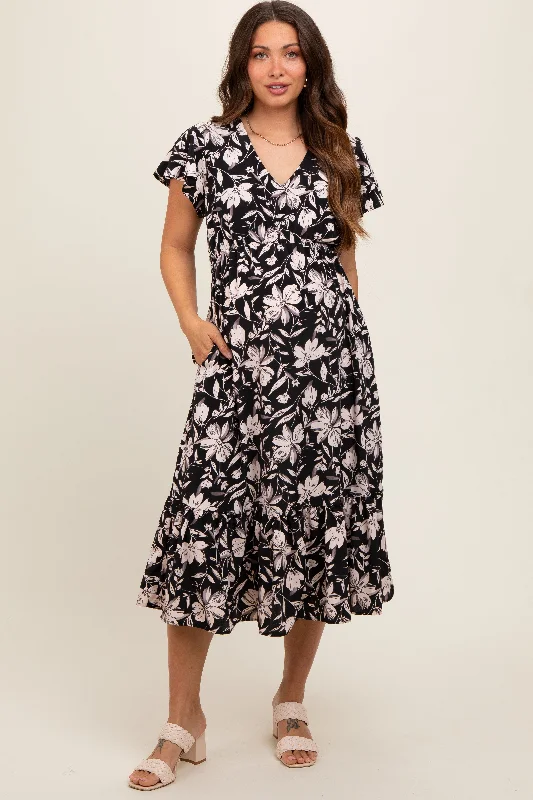 Lace - up midi dress for a trendy and adjustable lookBlack Floral Flutter Sleeve Maternity Midi Dress Lace - up midi dress for a trendy and adjustable lookBlack Floral Flutter Sleeve Maternity Midi Dress