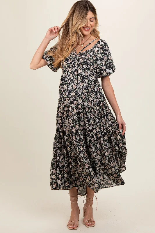 Midi dress for a photoshoot to create a stylish and memorable lookBlack Floral Ruched Strappy V-Neck Front Puff Short Sleeve Maternity Midi Dress Midi dress for a photoshoot to create a stylish and memorable lookBlack Floral Ruched Strappy V-Neck Front Puff Short Sleeve Maternity Midi Dress