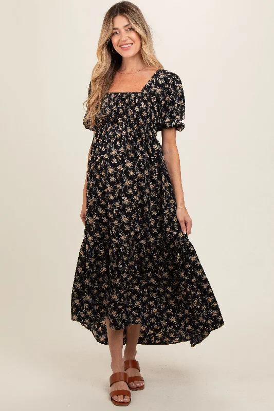 Linen midi dress for a breathable and casual summer optionBlack Floral Smocked Square Neck Short Puff Sleeve Maternity Midi Dress Linen midi dress for a breathable and casual summer optionBlack Floral Smocked Square Neck Short Puff Sleeve Maternity Midi Dress