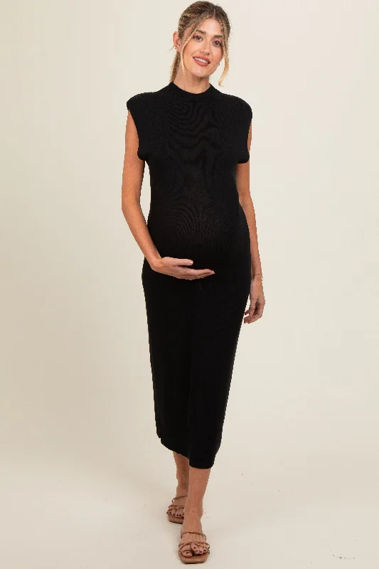 Embroidered lace midi dress for a romantic and delicate touchBlack Knit Mock Neck Maternity Midi Dress Embroidered lace midi dress for a romantic and delicate touchBlack Knit Mock Neck Maternity Midi Dress