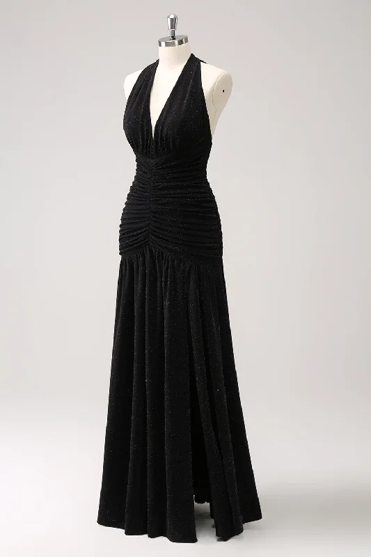 Party Dresses with Ruffled Sleeveless Top and Embroidered Skirt for Ladies' Dramatic and Artistic LookGlitter Black Halter Sheath Pleated Backless Bridesmaid Dress Party Dresses with Ruffled Sleeveless Top and Embroidered Skirt for Ladies' Dramatic and Artistic LookGlitter Black Halter Sheath Pleated Backless Bridesmaid Dress
