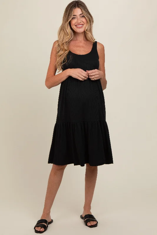 Ruffled hem midi dress for a charming and playful vibeBlack Tiered Sleeveless Maternity Midi Dress Ruffled hem midi dress for a charming and playful vibeBlack Tiered Sleeveless Maternity Midi Dress