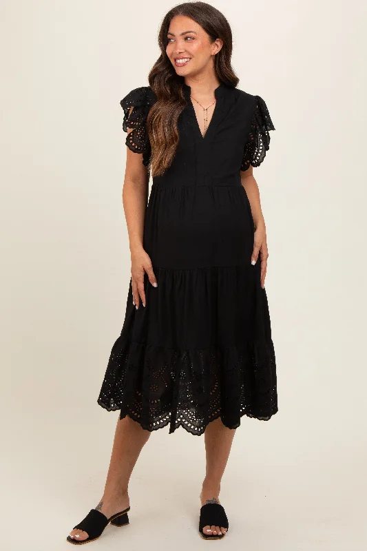 Striped cotton midi dress for a classic and timeless lookBlack V-Neck Eyelet Detail Ruffle Shoulder Tiered Maternity Midi Dress Striped cotton midi dress for a classic and timeless lookBlack V-Neck Eyelet Detail Ruffle Shoulder Tiered Maternity Midi Dress